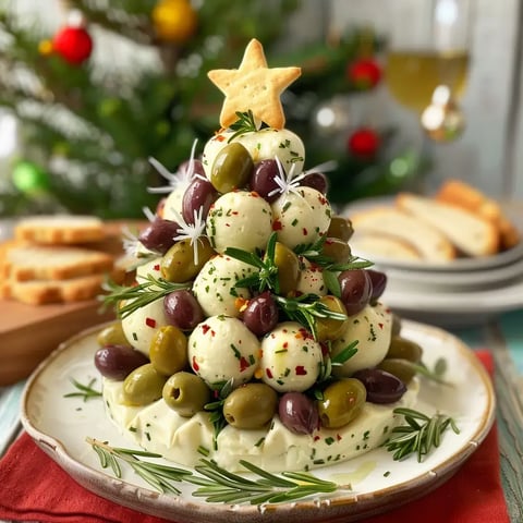 Une assiette avec un sapin festif en fromage, joliment décoré d'olives, de romarin, et terminé avec une étoile en biscuit.