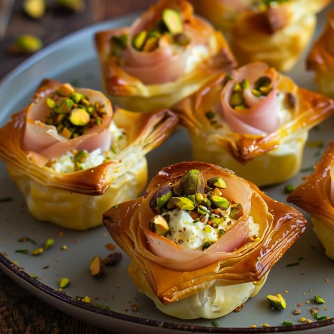Des délicieux feuilletés garnis de jambon italien, de fromage et décorés avec des pistaches.