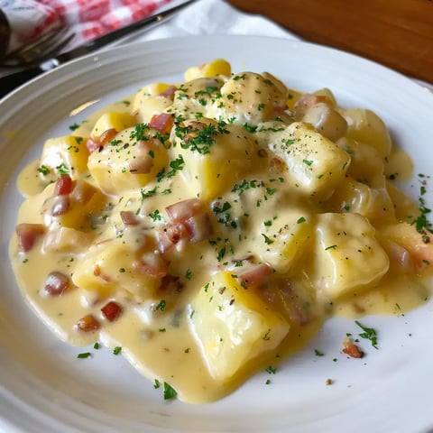 Un plat de pommes de terre enrobées d'une sauce gourmande, avec des morceaux de viande et un peu d'herbes fraîches.