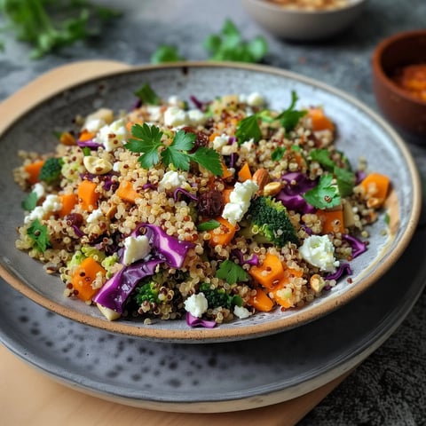 Une belle assiette de quinoa avec des carottes, du brocoli, du chou rouge, des herbes fraîches et de la feta en cubes.