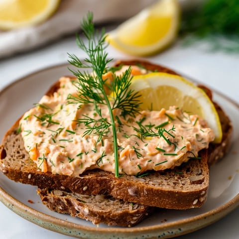 Une tranche de pain rustique recouverte de mousse de saumon avec un brin d'aneth frais et une rondelle de citron.