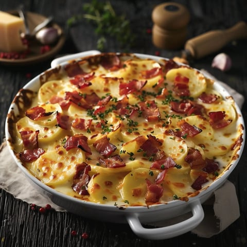 Gratin dauphinois avec fromage fondant et lardons, joliment présenté dans un plat blanc.