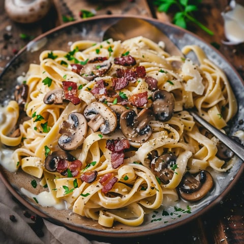 Assiette de tagliatelles crémeuses accompagnées de champignons et de lard croustillant, parsemée de persil et de fromage râpé.