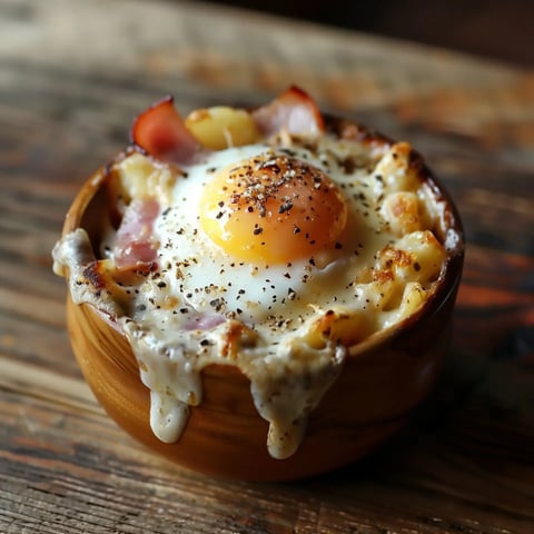 Un délicieux plat de pâtes avec du fromage fondu, un œuf délicatement posé dessus et des morceaux de bacon croquants, saupoudrés de poivre.