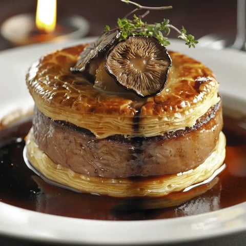 Un plat élégant contenant une viande tendre entourée de pâte croustillante et une sauce onctueuse aux champignons.