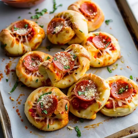 Des bouchées roulées façon pizza, garnies de pepperoni, mozzarella et sauce tomate, prêtes à être dégustées.