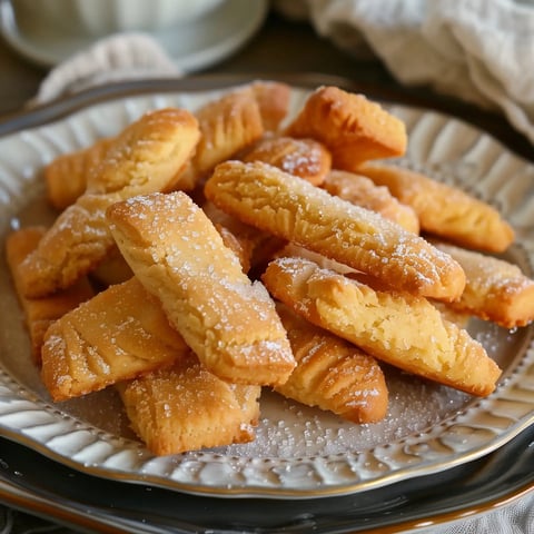 Des biscuits dorés et saupoudrés de sucre disposés joliment sur un plateau.