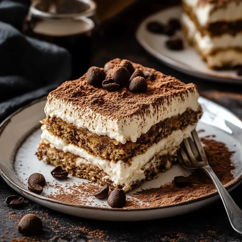 Un tiramisu italien avec des couches crémeuses, biscuits trempés, et une finition de cacao sur le dessus, orné de quelques grains de café.