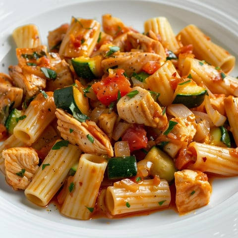 Un généreux plat de rigatoni mélangé avec du poulet, des courgettes et des tomates. Une riche sauce tomate parsème le tout, décoré de persil frais.