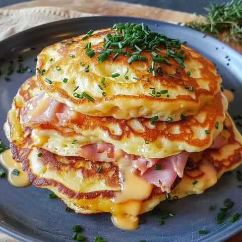 Des pancakes empilés sur une assiette, garnis de fromage fondant et de jambon, avec quelques brins de ciboulette en décoration.