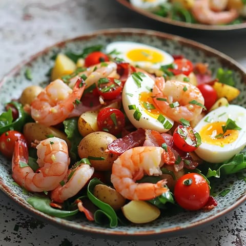 Un plat frais et coloré avec des crevettes savoureuses, des pommes de terre moelleuses, des tomates cerises, des œufs durs, des morceaux de lard et des herbes parfumées.