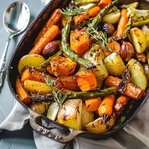 Un vibrant mélange de légumes rôtis, incluant oignons, carottes, pommes de terre et asperges, saupoudrés d'herbes.