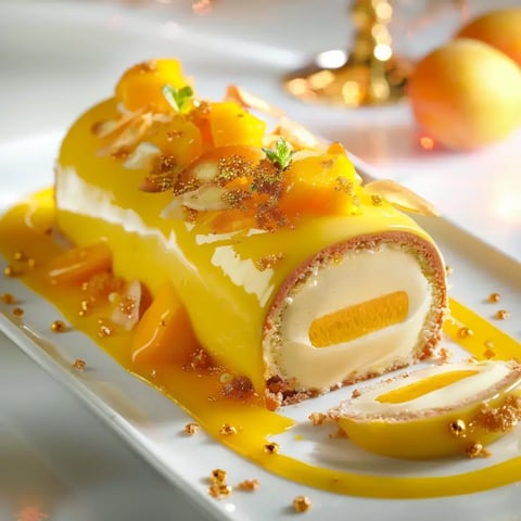 Une bûche gourmande décorée et glacée, avec des fruits exotiques et des amandes, mise en valeur sur une belle présentation.