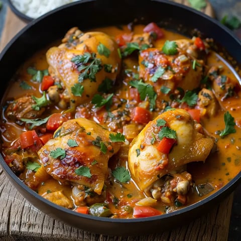 Un délicieux plat de poulet mijoté aux épices, accompagné de légumes et servi avec une sauce crémeuse.