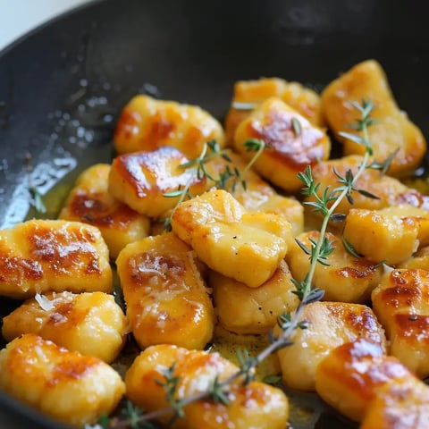 Magnifiques gnocchis dorés cuisinés avec des herbes dans une poêle.
