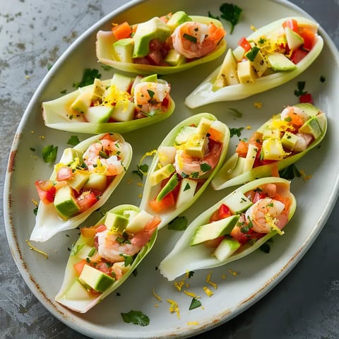 Barquettes d'endives décorées de crevettes, avocat et pommes, prêtes pour un apéro.
