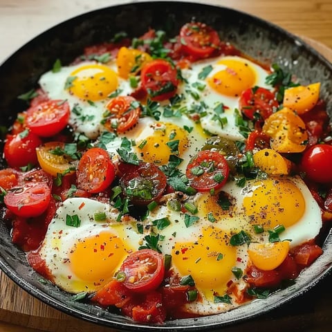 Une poêle avec des œufs pochés dans une sauce tomate garnie de tomates cerises et d'une touche de persil.