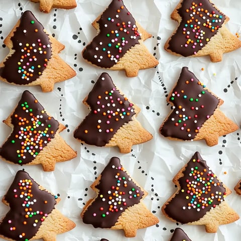 Des biscuits façon sapins garnis de chocolat noir et décorés avec des petites perles colorées.