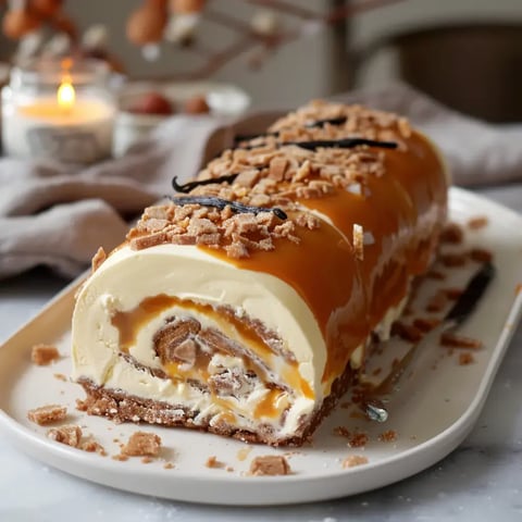 Une bûche gourmande avec des couches visibles de vanille, caramel et biscuit, posée sur un plateau.