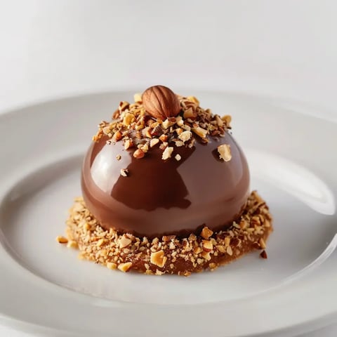 Un somptueux dôme au chocolat, parsemé de noisettes craquantes, posé sur une base pralinée et prêt à régaler.