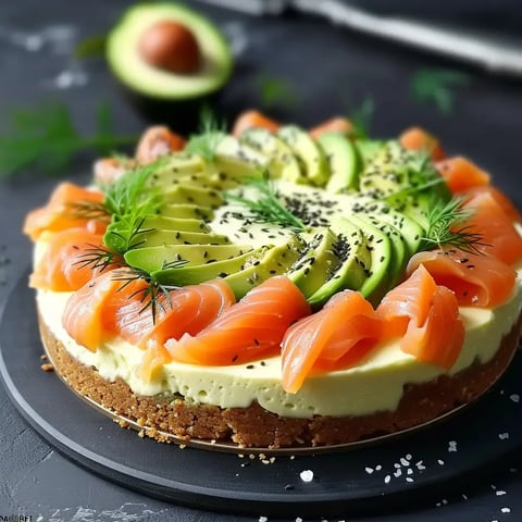 Cheesecake décoré avec rouelles d’avocat et saumon fumé, terminé avec des graines et un brin d’aneth frais.