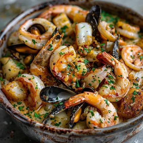 Des fruits de mer variés sautés avec persil : crevettes, moules et morceaux de poisson frais dans une assiette appétissante.