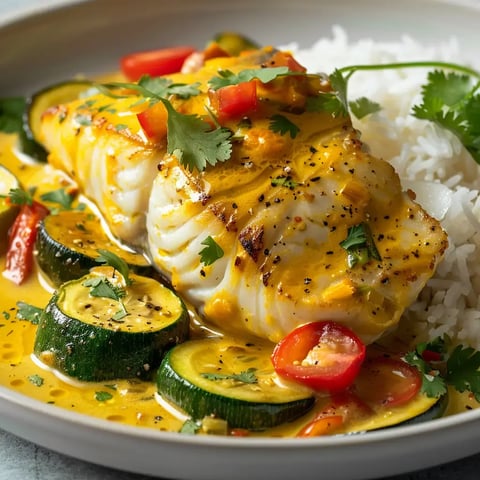 Un délicieux plat de cabillaud accompagné de riz, légumes colorés et nappé de sauce crémeuse, décoré de coriandre.