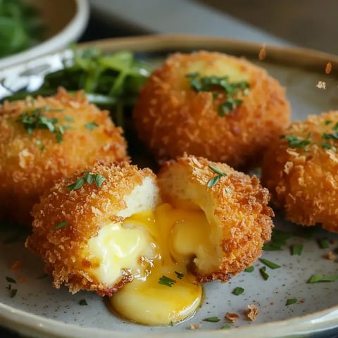 De délicieuses croquettes dorées et leur intérieur fondant au fromage, servies avec des herbes fraîches.