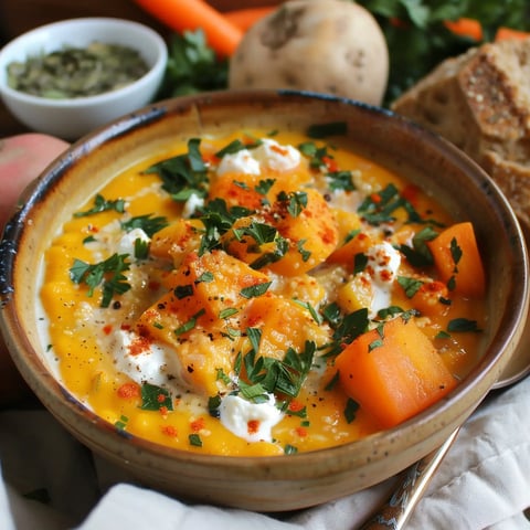 Un bol de soupe onctueuse de courge avec une garniture de crème, paprika, et du persil frais. En arrière, une baguette et des légumes.