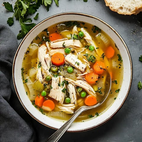 Une soupe maison au poulet avec des carottes, céleri et petits pois, garnie d'herbes fraîches.