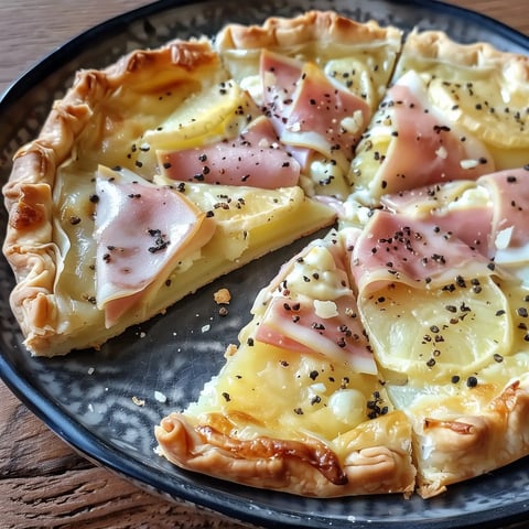 Une tarte salée découpée avec des couches appétissantes de pommes de terre et fromage servie sur une assiette.