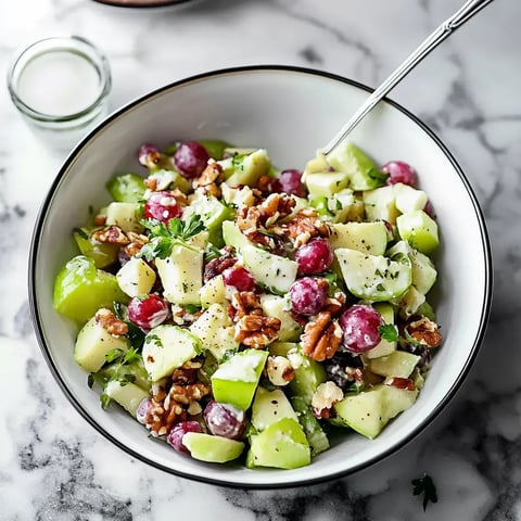 Une belle salade composée avec pommes, raisins, noix de pécan et persil frais mise en valeur dans un bol.