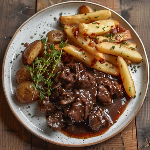 Un plat appétissant avec un mijoté de viande accompagné de frites et des herbes fraîches servi dans une belle assiette blanche.