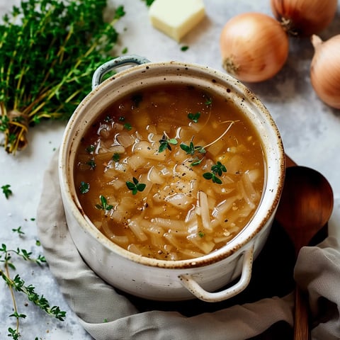 Une soupe chaude avec des morceaux de pain gratinés, présentée dans un bol en céramique et accompagnée d'oignons frais.