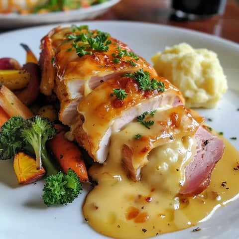 Poulet croustillant au fromage fondu, servi avec des légumes colorés et une purée maison.