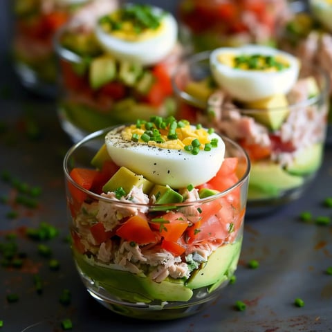 Verrines élégantes avec thon, avocat, tomates et œuf dur, décorées de ciboulette.