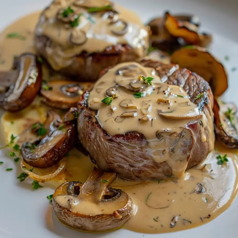 Deux morceaux de filet mignon servis avec une sauce crémeuse et des lamelles de champignons, décorés d'herbes fraîches.