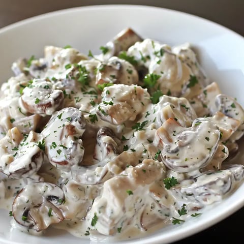 Un bol rempli de champignons nappés d'une sauce onctueuse, décorés d'herbes fraîches.