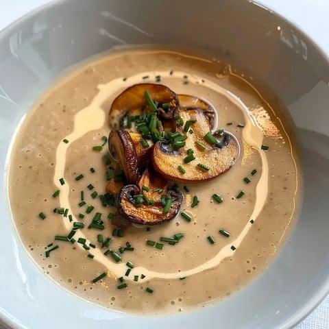 Une soupe délicieuse de champignons garnie de ciboulette fraîche.