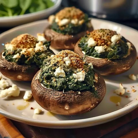 Des champignons garnis d’épinards et fromage, surmontés de chapelure croustillante, joliment présentés sur une assiette.