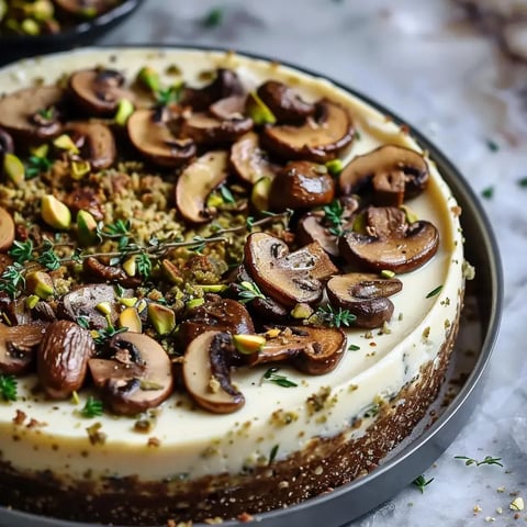 Un cheesecake garni de champignons poêlés, de pistaches, et décoré de brins de thym frais.