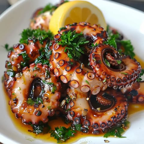 Poulpe grillé sur assiette, garni de fines herbes et accompagné d’un quartier de citron.