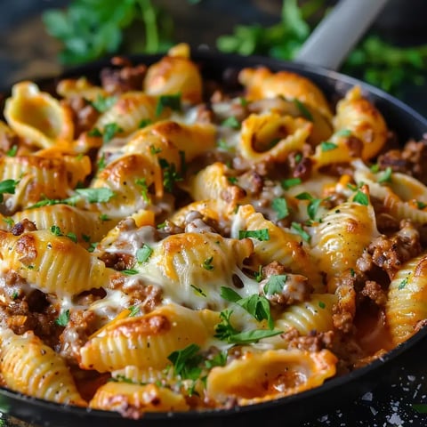 Un plat de coquillettes crémeuses avec du bœuf haché, du fromage fondu et du persil frais, dans une poêle.