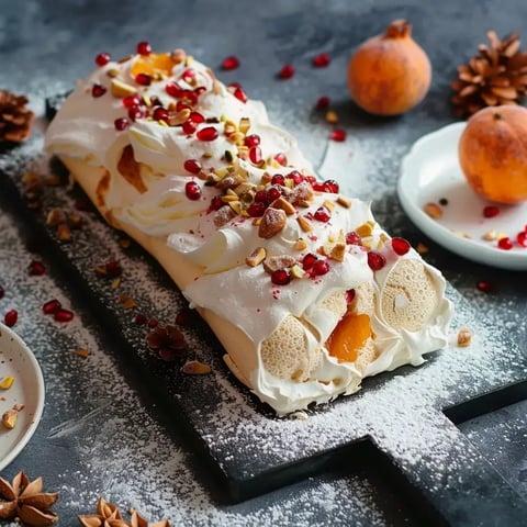 Dessert roulé aérien avec crème et fruits tropicaux garnis sur planche foncée.