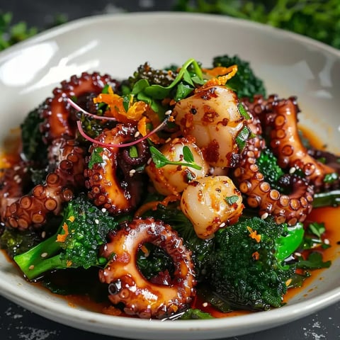 Une belle assiette de poulpe grillé entouré de broccolini croquant, décoré de zestes d'orange et de fines herbes sur une sauce exquise.