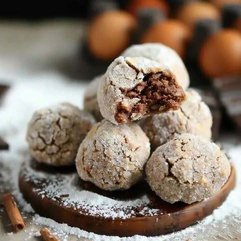 Un agrégat de biscuits poudrés de sucre glace empilés, avec un morceau croqué révélant un intérieur chocolaté moelleux.