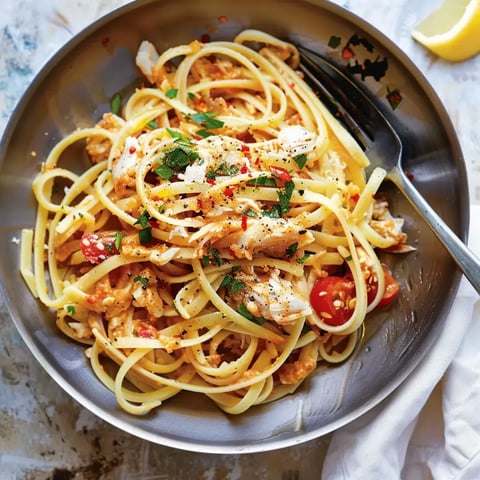 Un bol rempli de linguine, crabe, tomates et quelques herbes fraîches, prêt à être dégusté.