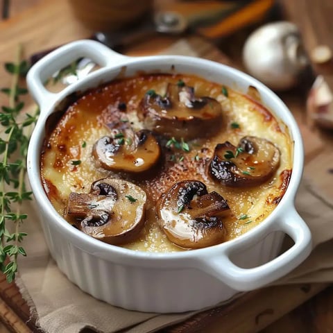 Un plat de gratin crémeux aux champignons et herbes, fraîchement sorti du four dans un joli moule blanc.