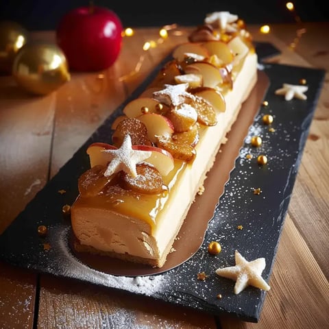 Une bûche festive sublimée par des rondelles de pommes, des nappages au caramel et des étoiles, le tout disposé sur une élégante assiette avec des décors dorés en arrière-plan.
