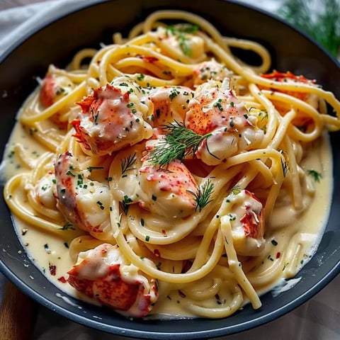 Assiette de pâtes onctueuses au homard avec des herbes fraîches.